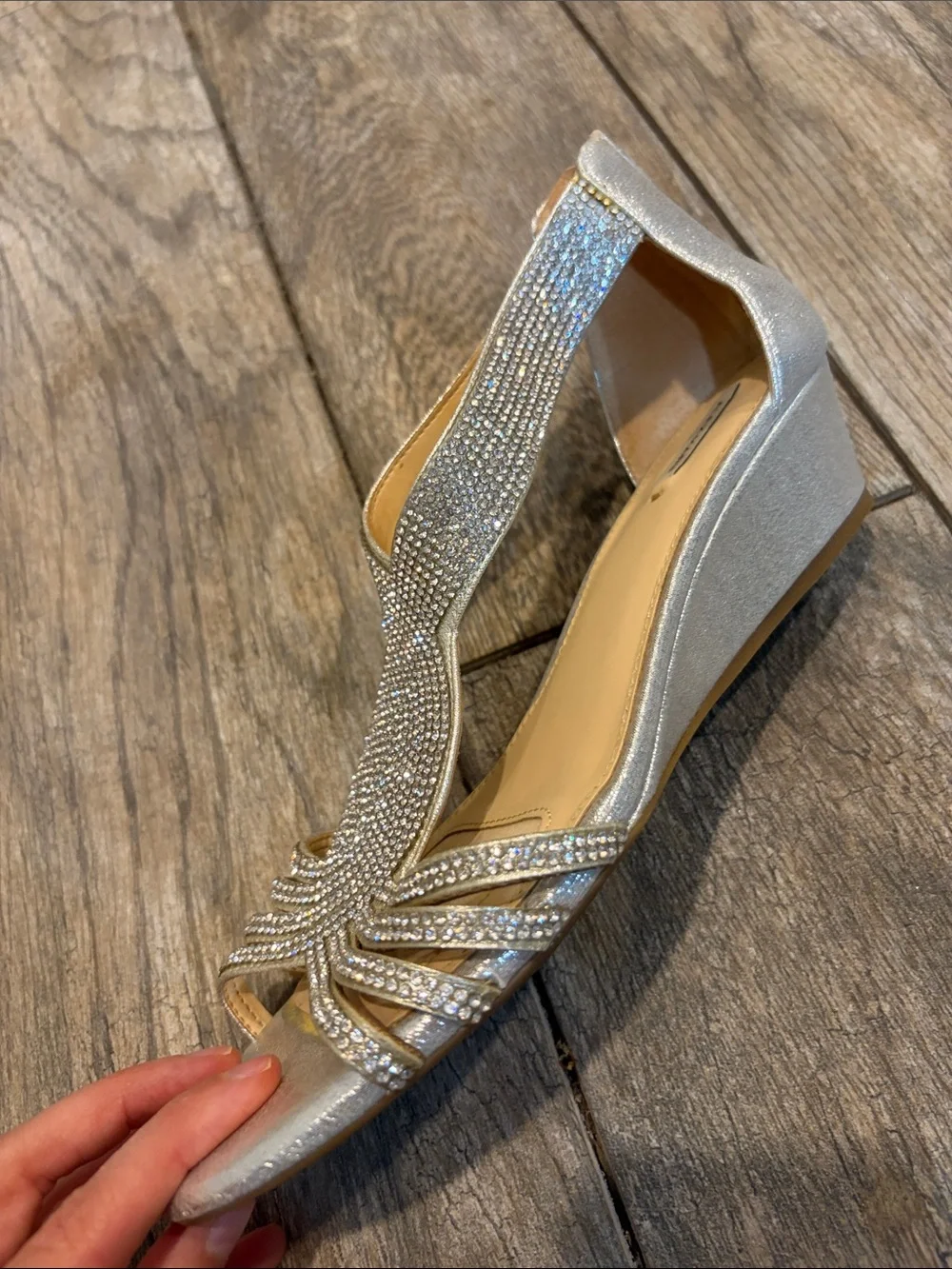 Alex Marie Mersalo Silver Rhinestone wedge dress sandals size 9.5